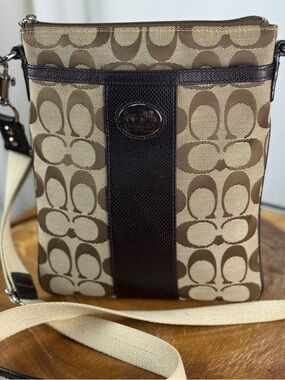 Coach Sutton Signature Swingpack Crossbody Bag - Khaki Brown Jacquard Slim Purse